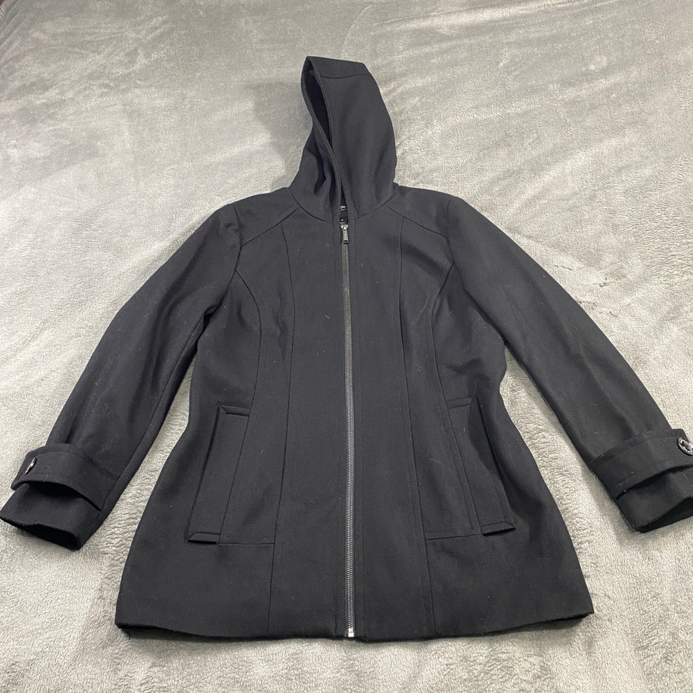 London Fog Collection Black Hooded Zipper Coat Women's Size Medium Wool‎ Blend